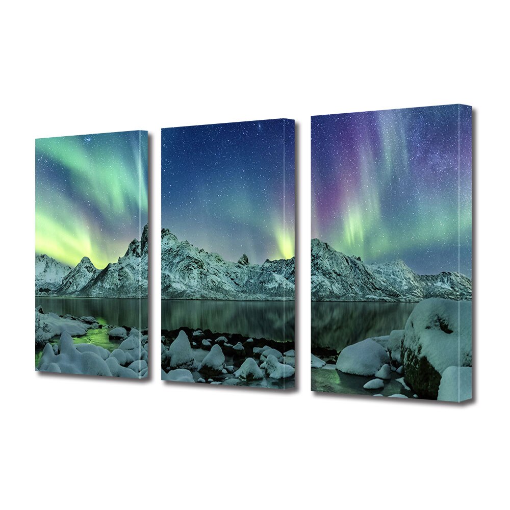 Set Tablouri Multicanvas 3 piese ArtDeco, Aurora boreala in splendoarea ei, Panza pe cadru de lemn, Decoratiuni Moderne pentru Casa, 3 x 70 x 100 cm