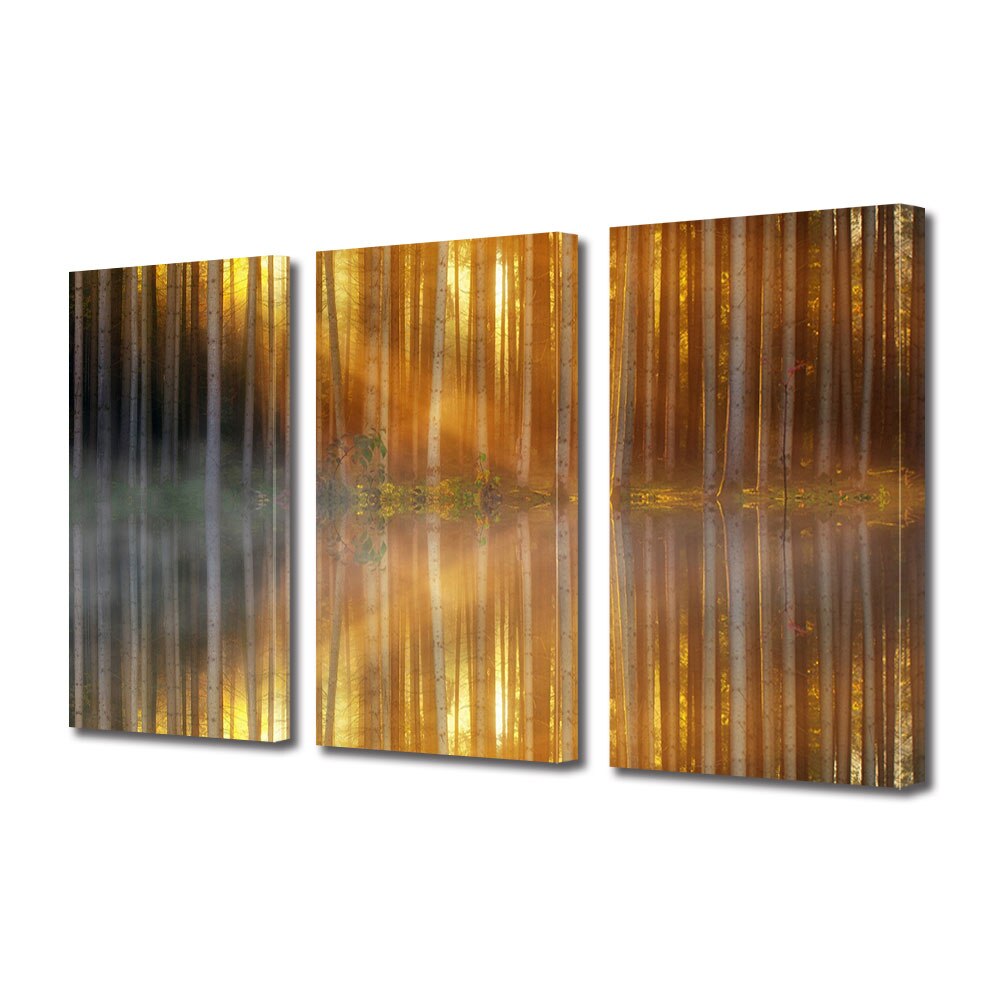Set Tablouri Multicanvas 3 piese ArtDeco, Copaci inalti in oglinda lacului, Panza pe cadru de lemn, Decoratiuni Moderne pentru Casa, 3 x 70 x 100 cm