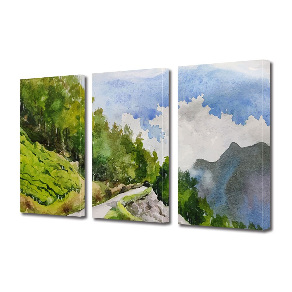 Set Tablouri Multicanvas ArtDeco, Drum catre munte, Panza pe cadru de lemn, Decoratiuni Moderne pentru Casa, 3 piese, 3 x 30 x 45 cm