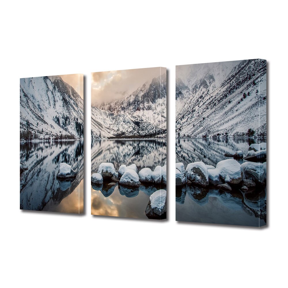 Set Tablouri Multicanvas 3 piese ArtDeco, Munti inzapeziti in oglinda, Panza pe cadru de lemn, Decoratiuni Moderne pentru Casa, 3 x 20 x 30 cm