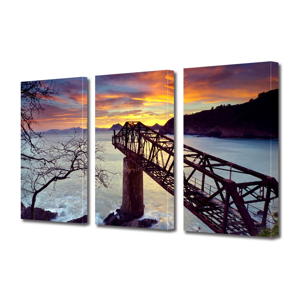 Set Tablouri Multicanvas 3 piese ArtDeco, Pod invechit peste apele agitate, Panza pe cadru de lemn, Decoratiuni Moderne pentru Casa, 3 x 70 x 100 cm