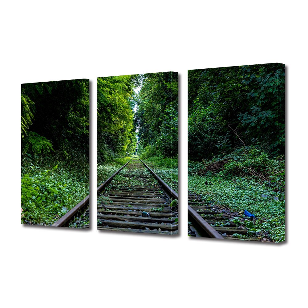 Set Tablouri Multicanvas 3 piese ArtDeco, Cale ferata prin padurea verde, Panza pe cadru de lemn, Decoratiuni Moderne pentru Casa, 3 x 70 x 100 cm