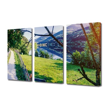 Set Tablouri Multicanvas 3 piese ArtDeco, Lac la munte in Italia, Panza pe cadru de lemn, Decoratiuni Moderne pentru Casa, 3 x 50 x 70 cm