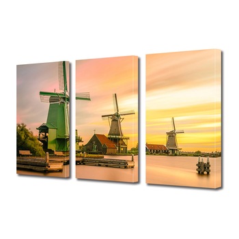 Set Tablouri Multicanvas 3 piese ArtDeco, Mori de vant la rasarit, Panza pe cadru de lemn, Decoratiuni Moderne pentru Casa, 3 x 50 x 70 cm Set Tablouri Multicanvas 3 piese ArtDeco, Mori de vant la rasarit, Panza pe cadru de lemn, Decoratiuni Moderne pentru Casa, 3 x 50 x 70 cm
