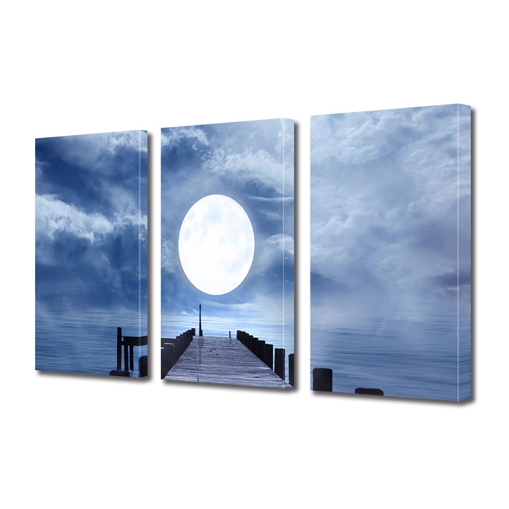 Set Tablouri Multicanvas 3 piese ArtDeco, Pe ponton in lumina lunii, Panza pe cadru de lemn, Decoratiuni Moderne pentru Casa, 3 x 70 x 100 cm