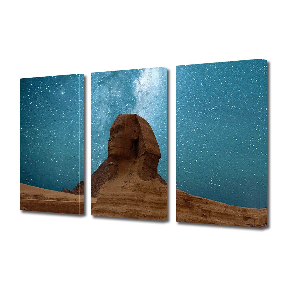 Set Tablouri Multicanvas 3 piese ArtDeco, Sfinx sub cerul instelat, Panza pe cadru de lemn, Decoratiuni Moderne pentru Casa, 3 x 20 x 30 cm