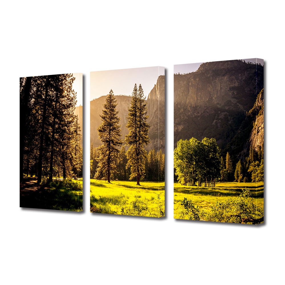 Set Tablouri Multicanvas 3 piese ArtDeco, Lumina soarelui printre brazi, Panza pe cadru de lemn, Decoratiuni Moderne pentru Casa, 3 x 70 x 100 cm