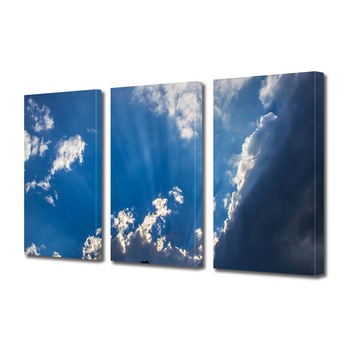 Set Tablouri Multicanvas 3 piese ArtDeco, Nori si raze de soare, Panza pe cadru de lemn, Decoratiuni Moderne pentru Casa, 3 x 50 x 70 cm Set Tablouri Multicanvas 3 piese ArtDeco, Nori si raze de soare, Panza pe cadru de lemn, Decoratiuni Moderne pentru Casa, 3 x 50 x 70 cm