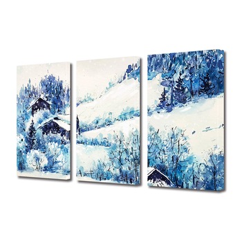 Set Tablouri Multicanvas 3 piese ArtDeco, Cabane la munte iarna, Panza pe cadru de lemn, Decoratiuni Moderne pentru Casa, 3 x 70 x 100 cm