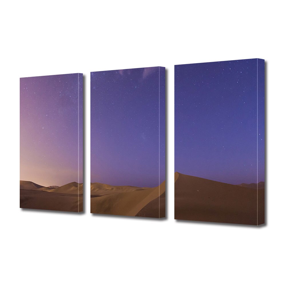 Set Tablouri Multicanvas 3 piese ArtDeco, Dune sub cerul violet, Panza pe cadru de lemn, Decoratiuni Moderne pentru Casa, 3 x 70 x 100 cm