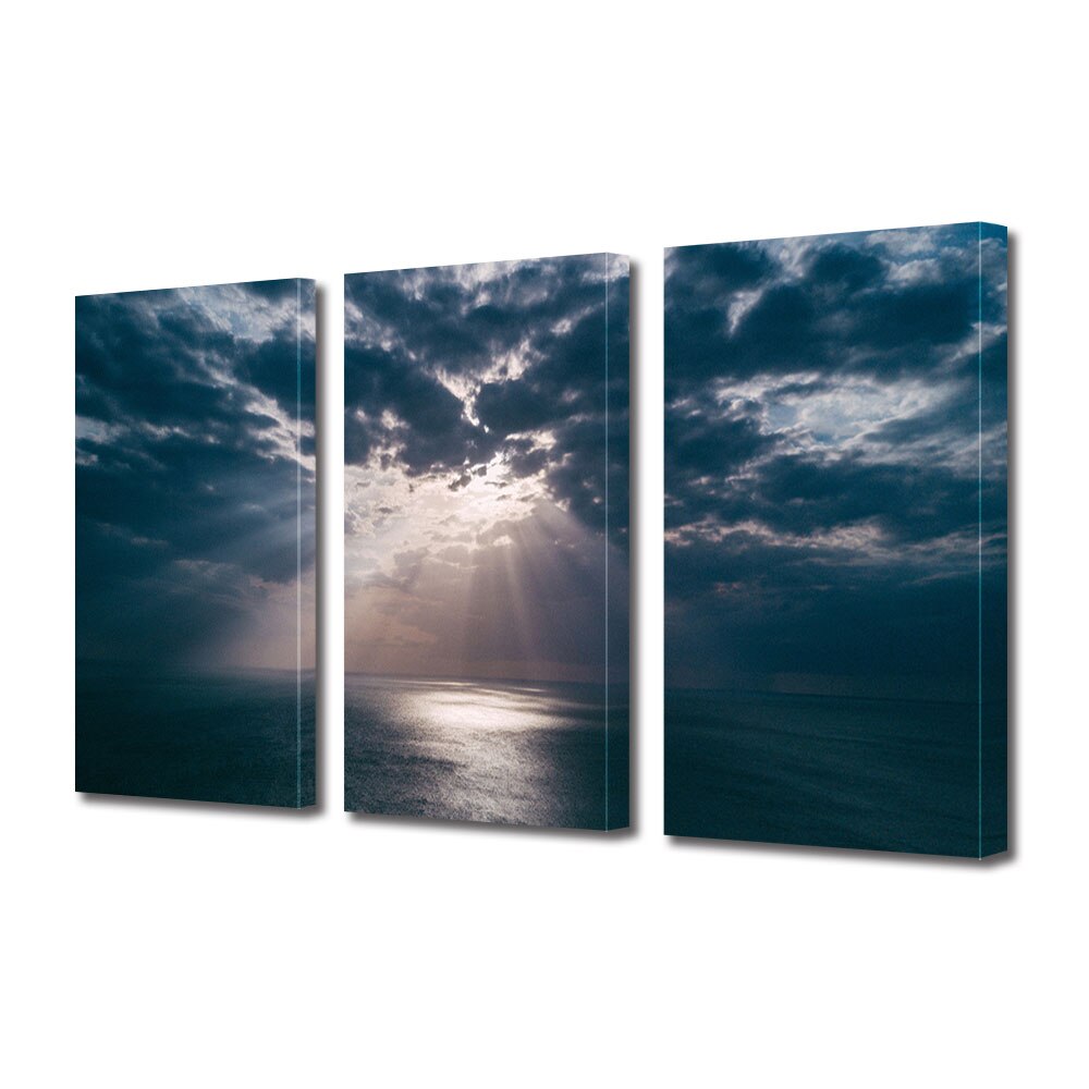 Set Tablouri Multicanvas 3 piese ArtDeco, Soare printre norii furtunosi, Panza pe cadru de lemn, Decoratiuni Moderne pentru Casa, 3 x 70 x 100 cm