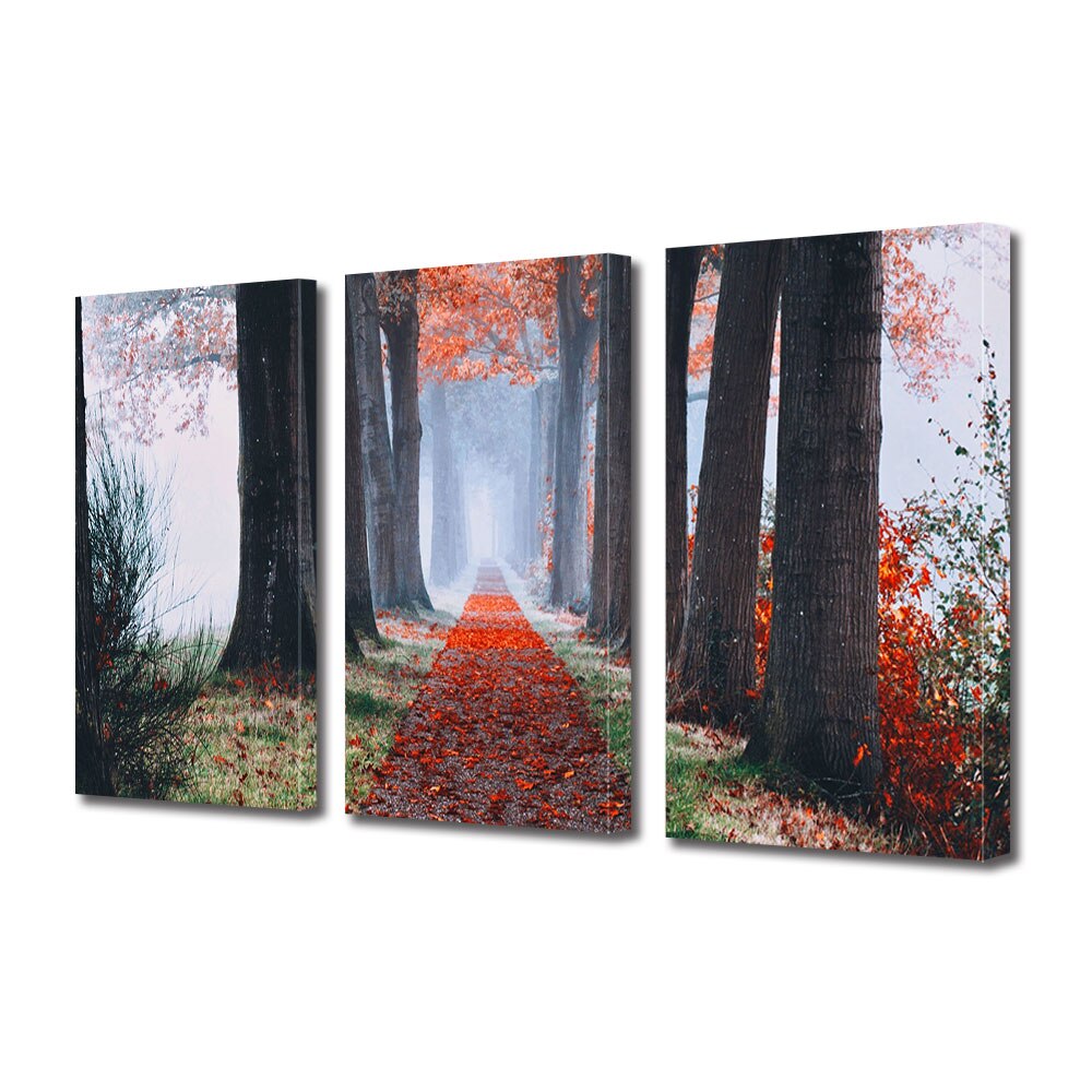 Set Tablouri Multicanvas 3 piese ArtDeco, Drum presarat cu frunze rosii, Panza pe cadru de lemn, Decoratiuni Moderne pentru Casa, 3 x 70 x 100 cm