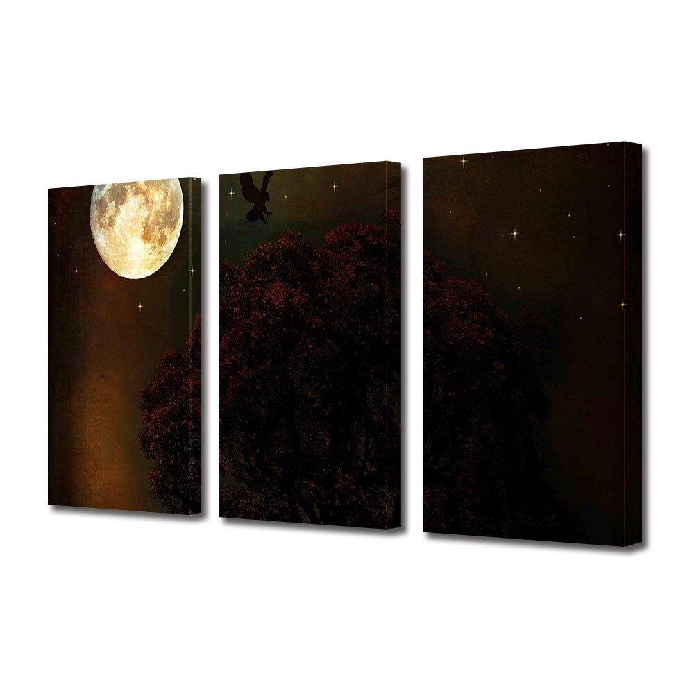 Set Tablouri Multicanvas 3 piese ArtDeco, Luna plina vegheaza, Panza pe cadru de lemn, Decoratiuni Moderne pentru Casa, 3 x 30 x 45 cm
