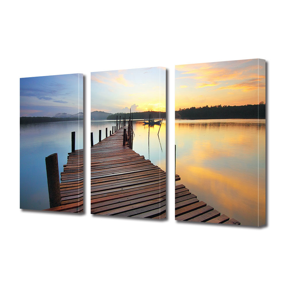Set Tablouri Multicanvas 3 piese ArtDeco, Ponton deasupra lacului limpede, Panza pe cadru de lemn, Decoratiuni Moderne pentru Casa, 3 x 70 x 100 cm