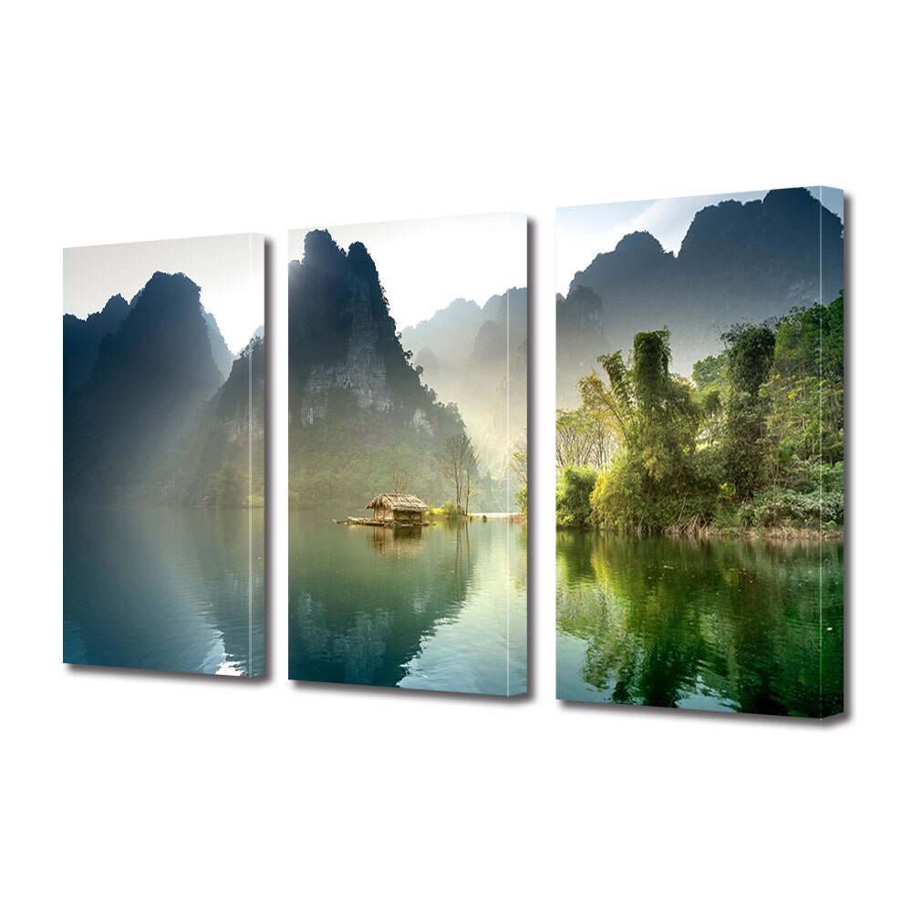 Set Tablouri Multicanvas 3 piese ArtDeco, Coliba deasupra apei cristaline, Panza pe cadru de lemn, Decoratiuni Moderne pentru Casa, 3 x 70 x 100 cm
