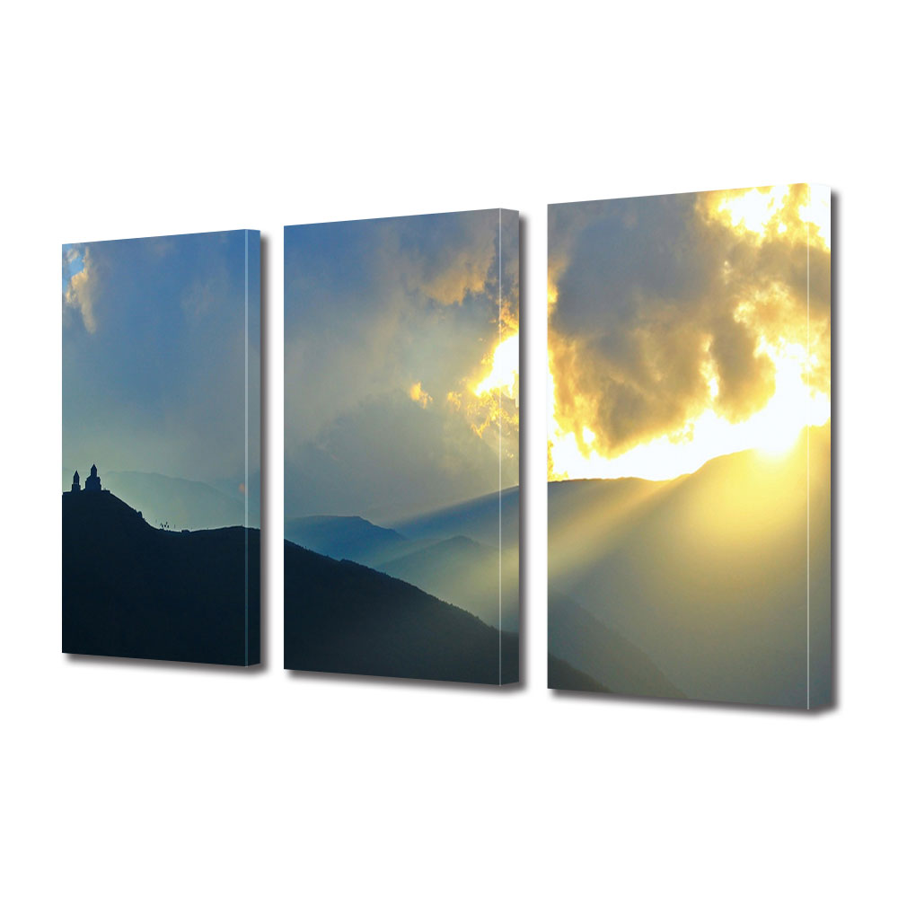 Set Tablouri Multicanvas ArtDeco, Manastire pe munte la rasarit, Panza pe cadru de lemn, Decoratiuni Moderne pentru Casa, 3 piese, 3 x 20 x 30 cm