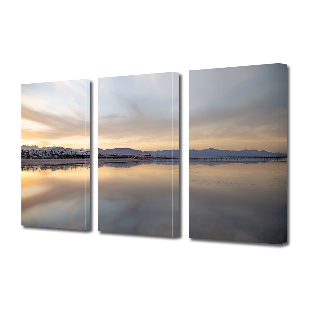Set Tablouri Multicanvas 3 piese ArtDeco, Sat reflectat in apa, Panza pe cadru de lemn, Decoratiuni Moderne pentru Casa, 3 x 50 x 70 cm