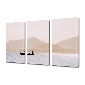 Set Tablouri Multicanvas 3 piese ArtDeco, Barca si dealuri estompate, Panza pe cadru de lemn, Decoratiuni Moderne pentru Casa, 3 x 70 x 100 cm Set Tablouri Multicanvas 3 piese ArtDeco, Barca si dealuri estompate, Panza pe cadru de lemn, Decoratiuni Moderne pentru Casa, 3 x 70 x 100 cm