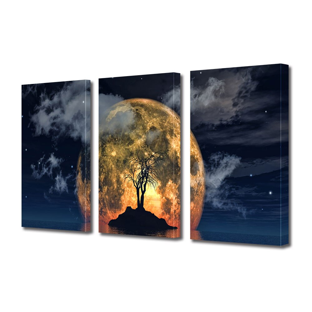 Set Tablouri Multicanvas 3 piese ArtDeco, Luna fantastica si silueta de copac, Panza pe cadru de lemn, Decoratiuni Moderne pentru Casa, 3 x 40 x 60 cm