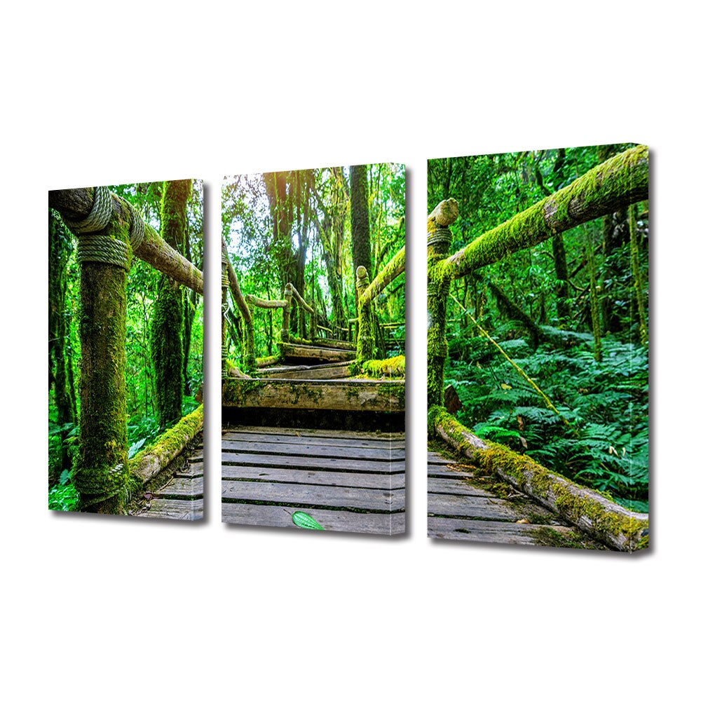 Set Tablouri Multicanvas 3 piese ArtDeco, Pod verde, Panza pe cadru de lemn, Decoratiuni Moderne pentru Casa, 3 x 70 x 100 cm