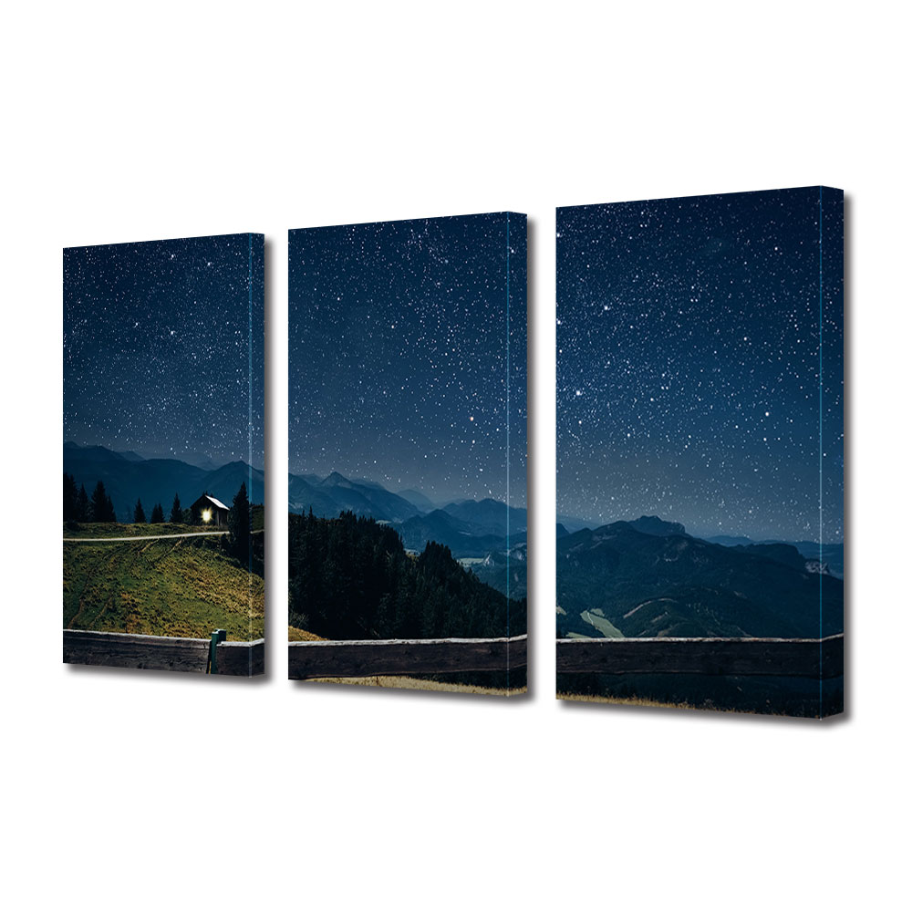 Set Tablouri Multicanvas 3 piese ArtDeco, Cabana montana noaptea, Panza pe cadru de lemn, Decoratiuni Moderne pentru Casa, 3 x 40 x 60 cm
