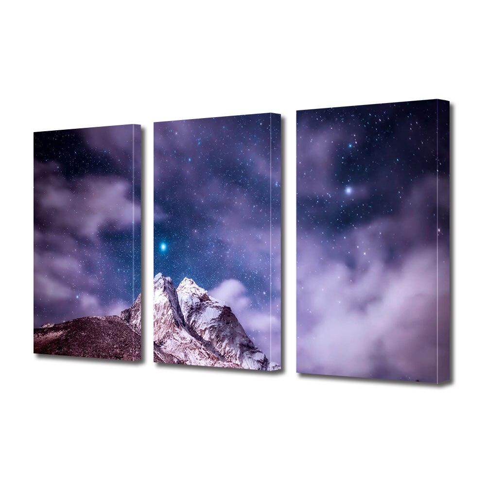 Set Tablouri Multicanvas 3 piese ArtDeco, Stele si nori violet, Panza pe cadru de lemn, Decoratiuni Moderne pentru Casa, 3 x 70 x 100 cm