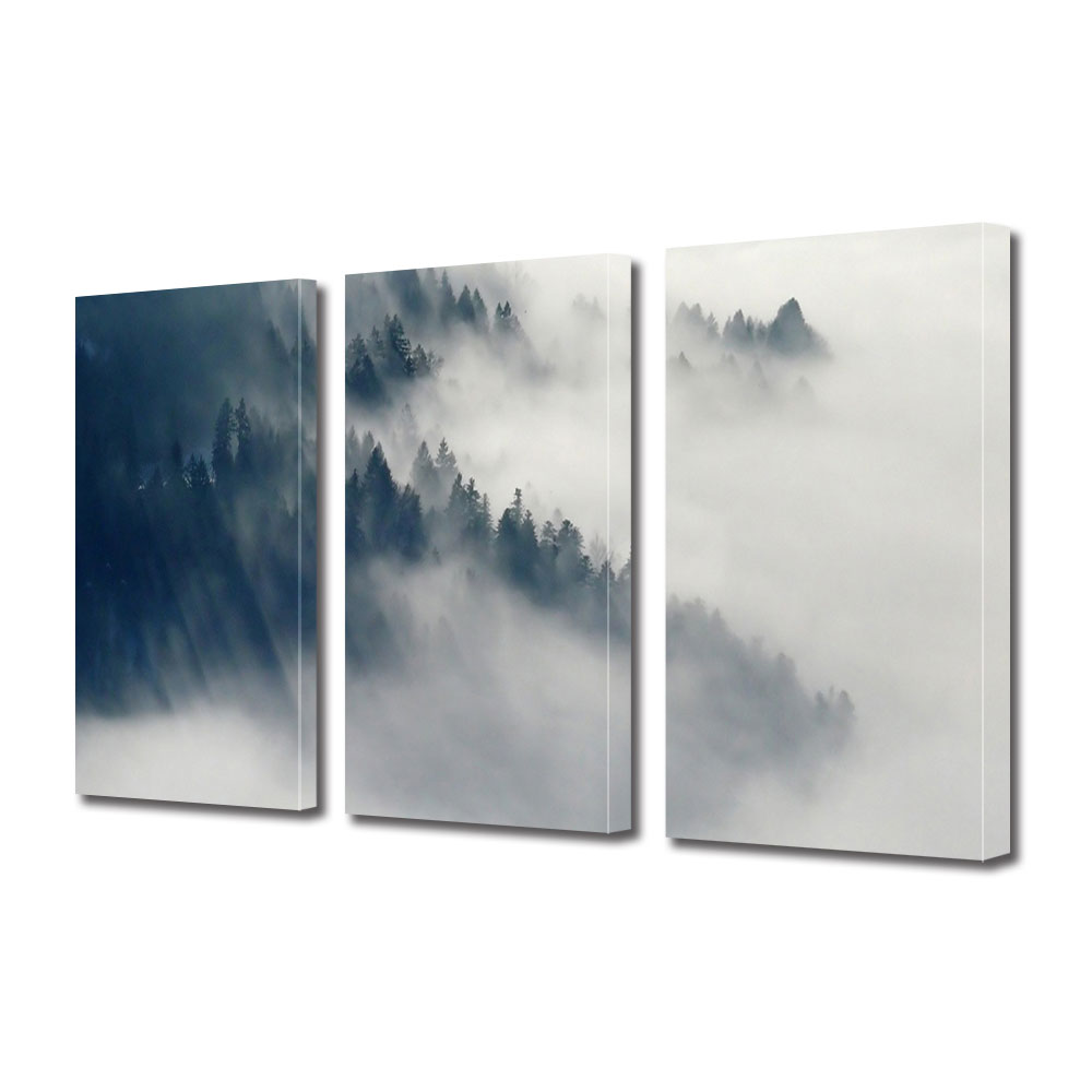 Set Tablouri Multicanvas ArtDeco, Padure de brazi incetosata la munte, Panza pe cadru de lemn, Decoratiuni Moderne pentru Casa, 3 piese, 3 x 70 x 100 cm