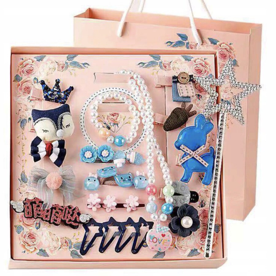 Set de par, Bijuterii, 17 agrafe, 4 elastice, Margele pentru o fata, Bagheta, Albastru