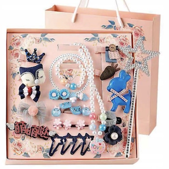 Set de par, Bijuterii, 17 agrafe, 4 elastice, Margele pentru o fata, Bagheta, Albastru Set de par, Bijuterii, 17 agrafe, 4 elastice, Margele pentru o fata, Bagheta, Albastru