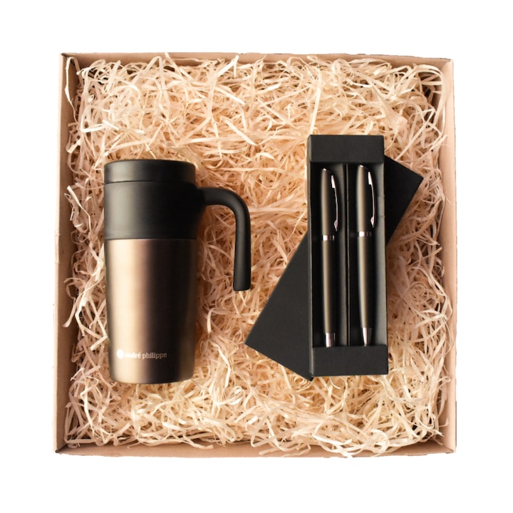 GiftSet pentru birou, cu cana termica si set de pix si stilou, din otel , impachetat in cutie kraft de cadou