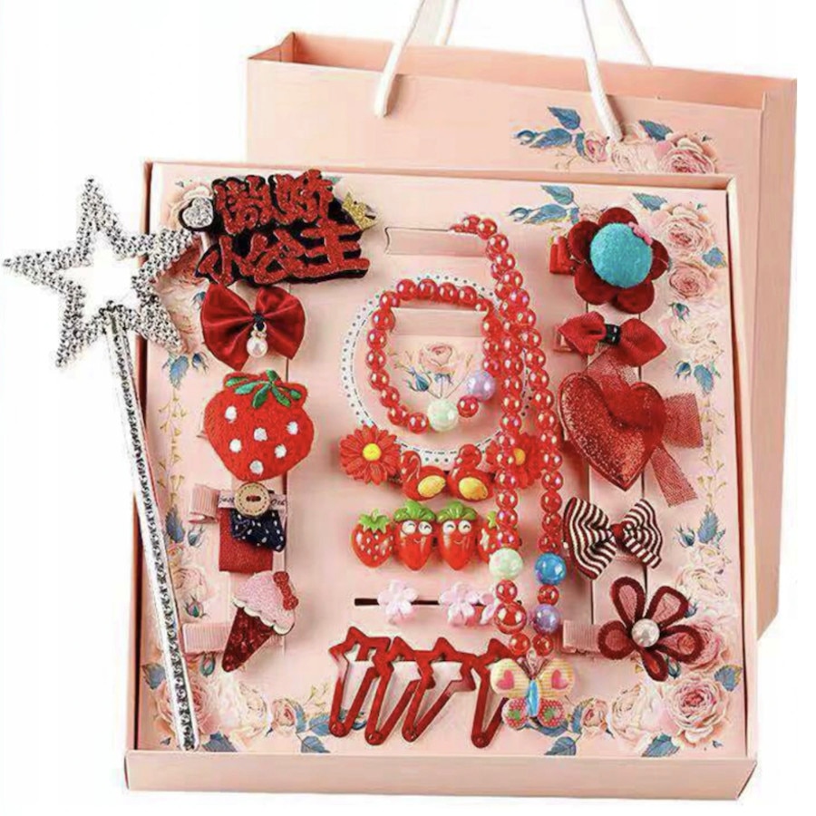 Set de par, Bijuterii, 17 agrafe, 4 elastice, Margele pentru o fata, Bagheta, Rosu