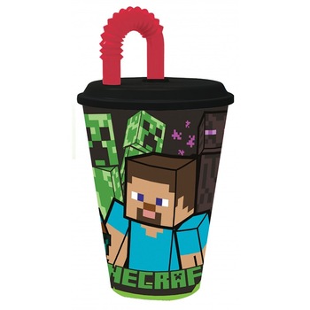 Pahar pentru copii Minecraft cu pai , 430ml, Multicolor Pahar pentru copii Minecraft cu pai , 430ml, Multicolor