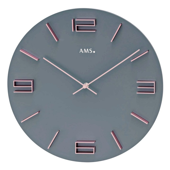 Стенен часовник AMS 9590, кварцов, сив, аналогов, модерен