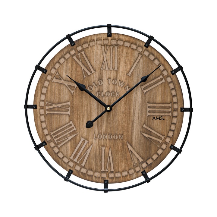 Ceas de perete AMS 9616, Quartz, Maro, Analogic, Clasic