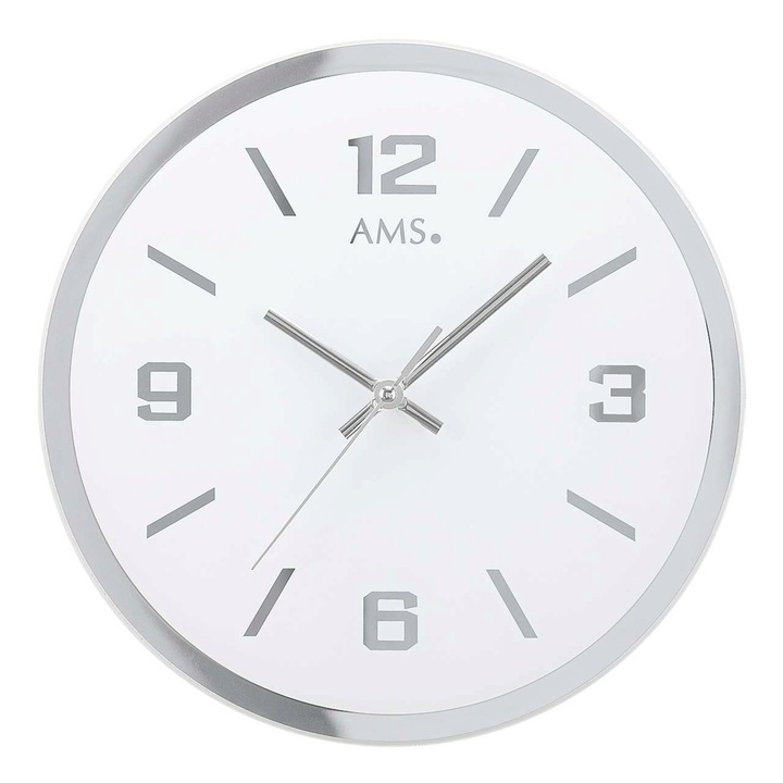 Стенен часовник AMS 9322, кварцов, бял, аналогов, модерен