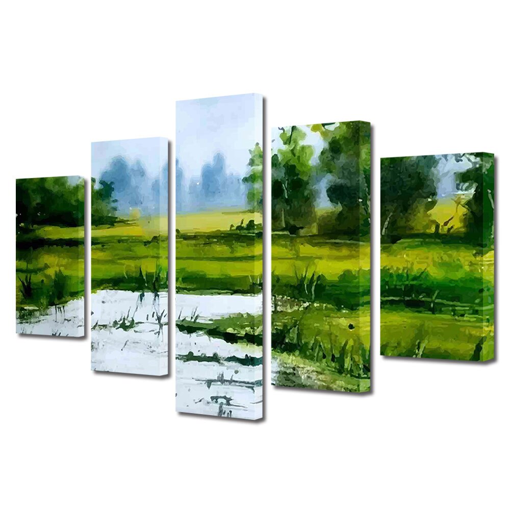 Set Tablouri Multicanvas, ArtDeco, Copaci inverziti pictati, Panza pe cadru de lemn, Decoratiuni Moderne pentru Casa, 5 piese, 70 x 125 cm