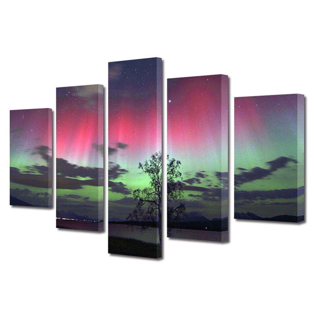 Set Tablouri Multicanvas, ArtDeco, Copac sub luminile multicolore, Panza pe cadru de lemn, Decoratiuni Moderne pentru Casa, 5 piese, 60 x 100 cm