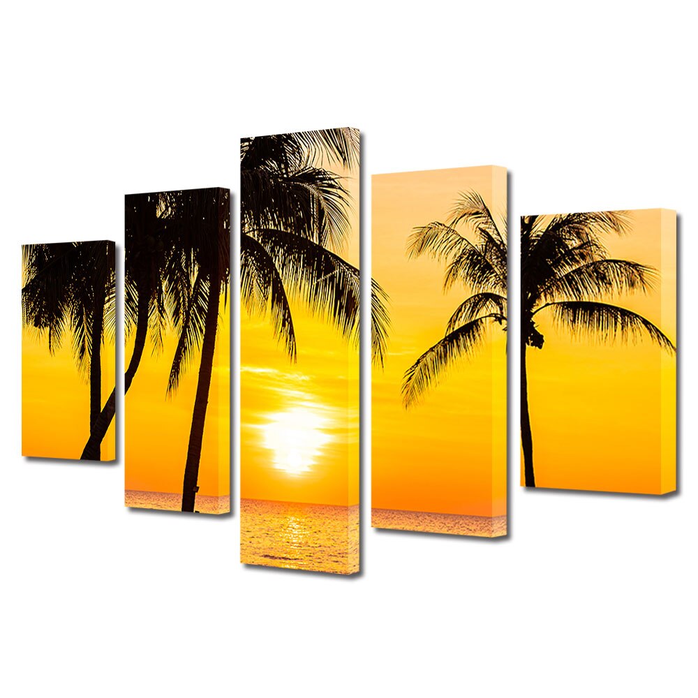 Set Tablouri Multicanvas, ArtDeco, Siluete de palmieri la apus, Panza pe cadru de lemn, Decoratiuni Moderne pentru Casa, 5 piese, 60 x 100 cm