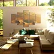 Set Tablouri Multicanvas, ArtDeco, Palmieri si oaza de apa in desert, Panza pe cadru de lemn, Decoratiuni Moderne pentru Casa, 5 piese, 60 x 100 cm