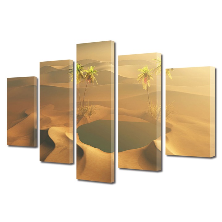 Set Tablouri Multicanvas, ArtDeco, Palmieri si oaza de apa in desert, Panza pe cadru de lemn, Decoratiuni Moderne pentru Casa, 5 piese, 60 x 100 cm