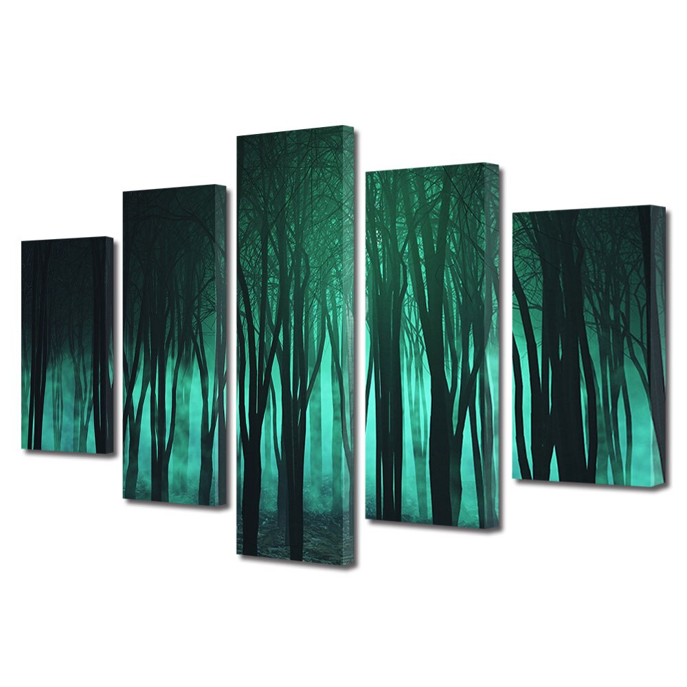 Set Tablouri Multicanvas, ArtDeco, Padurea intunecata, Panza pe cadru de lemn, Decoratiuni Moderne pentru Casa, 5 piese, 60 x 100 cm