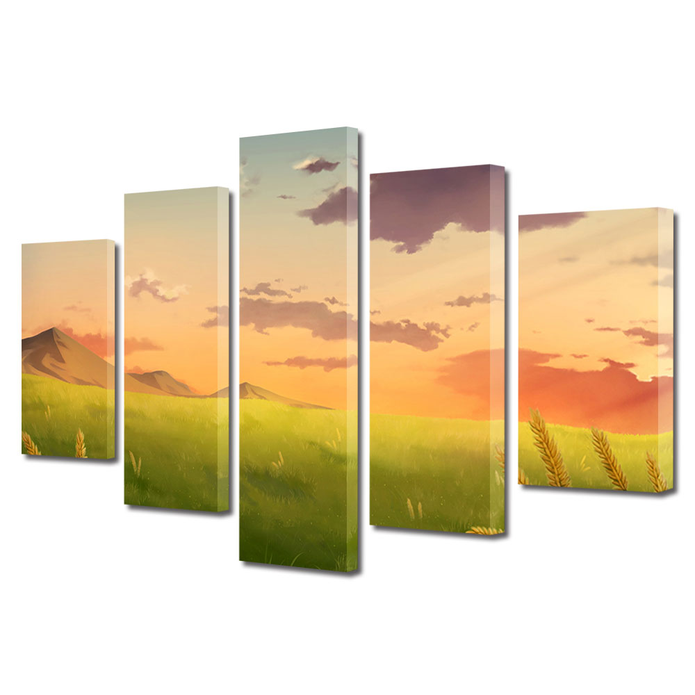 Set Tablouri Multicanvas, ArtDeco, Cer la apus ilustrat, Panza pe cadru de lemn, Decoratiuni Moderne pentru Casa, 5 piese, 120 x 225 cm