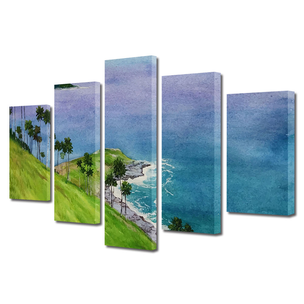 Set Tablouri Multicanvas, ArtDeco, Priveliste catre ocean, Panza pe cadru de lemn, Decoratiuni Moderne pentru Casa, 5 piese, 100 x 175 cm