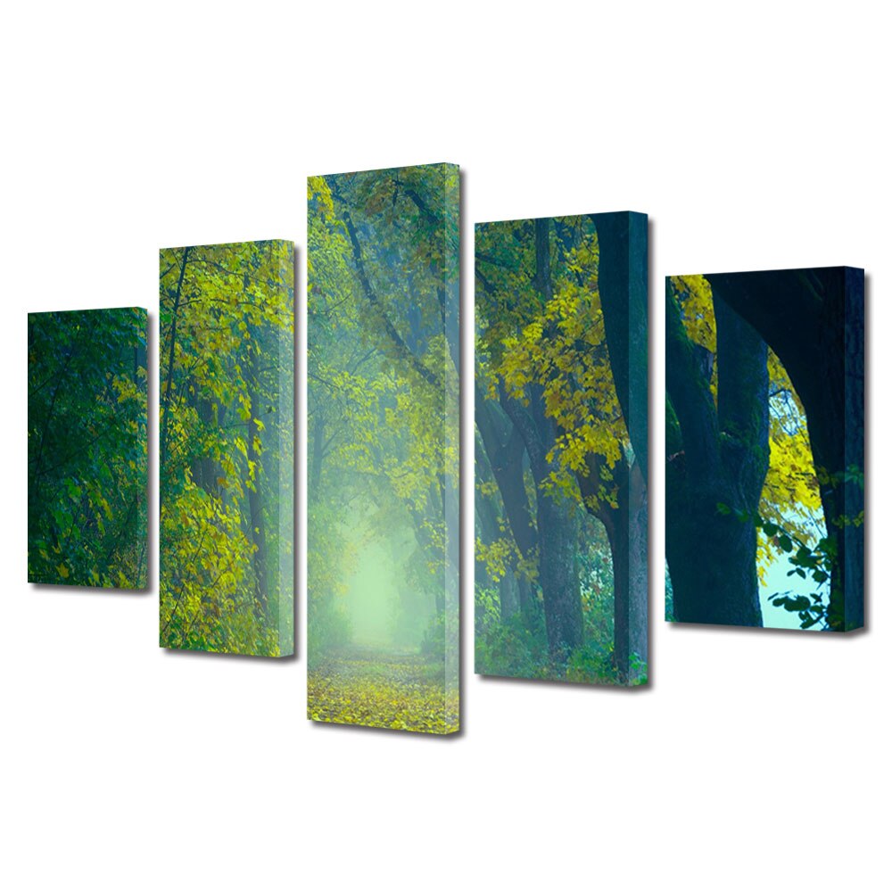 Set Tablouri Multicanvas, ArtDeco, Toamna la umbra copacilor din padure, Panza pe cadru de lemn, Decoratiuni Moderne pentru Casa, 5 piese, 110 x 200 cm