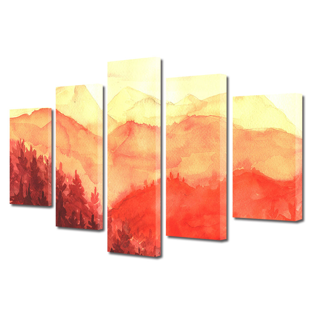 Set Tablouri Multicanvas, ArtDeco, Peisaj in culori de foc, Panza pe cadru de lemn, Decoratiuni Moderne pentru Casa, 5 piese, 110 x 200 cm