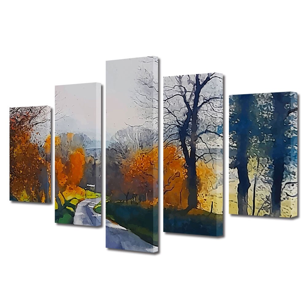 Set Tablouri Multicanvas, ArtDeco, Drum de toamna pictat, Panza pe cadru de lemn, Decoratiuni Moderne pentru Casa, 5 piese, 60 x 100 cm