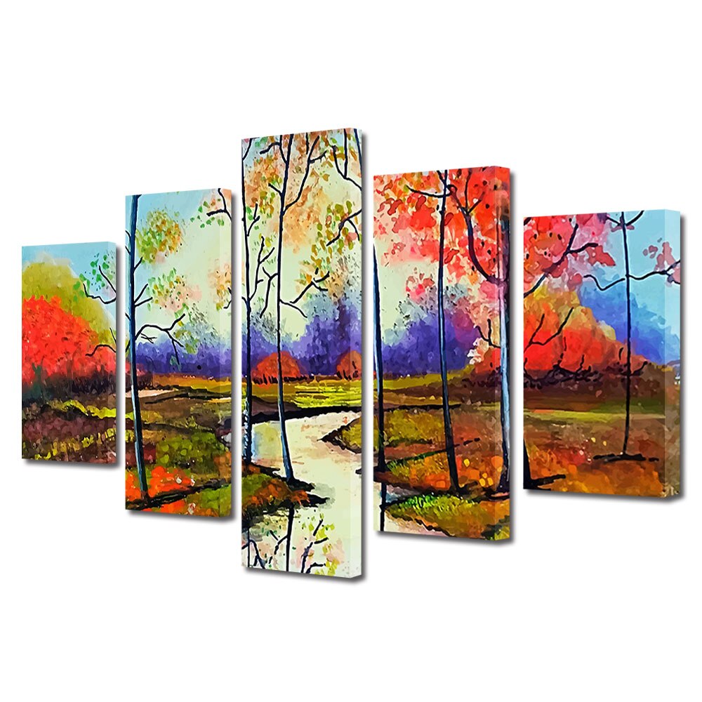 Set Tablouri Multicanvas, ArtDeco, Culori tomnatice pictate, Panza pe cadru de lemn, Decoratiuni Moderne pentru Casa, 5 piese, 70 x 125 cm