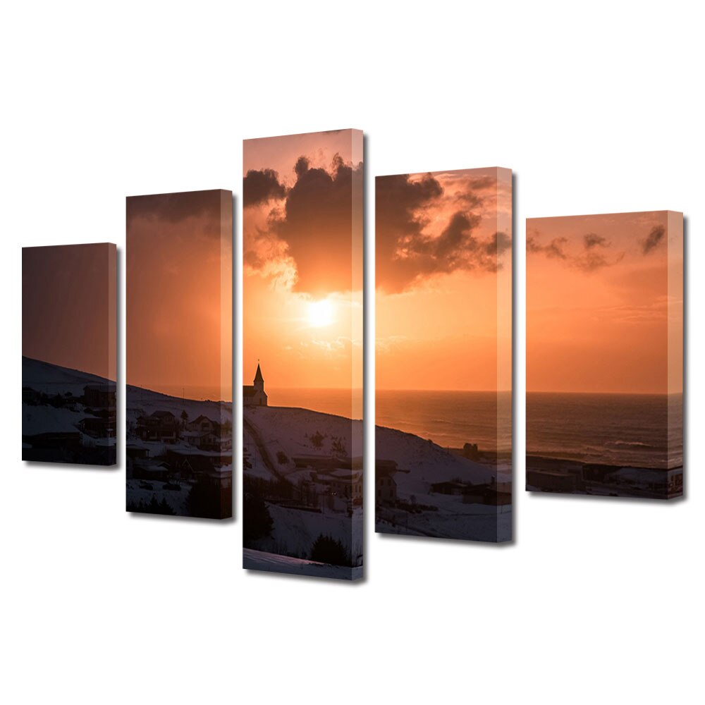 Set Tablouri Multicanvas, ArtDeco, Manastire la apus, Panza pe cadru de lemn, Decoratiuni Moderne pentru Casa, 5 piese, 110 x 200 cm