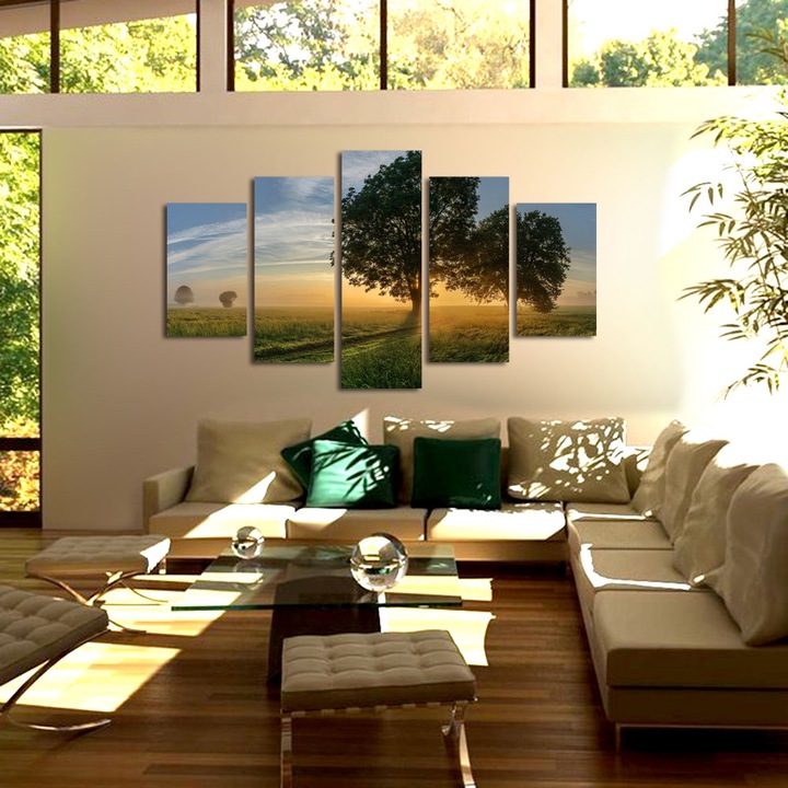 Set Tablouri Multicanvas, ArtDeco, Copaci umbriti, Panza pe cadru de lemn, Decoratiuni Moderne pentru Casa, 5 piese, 60 x 100 cm