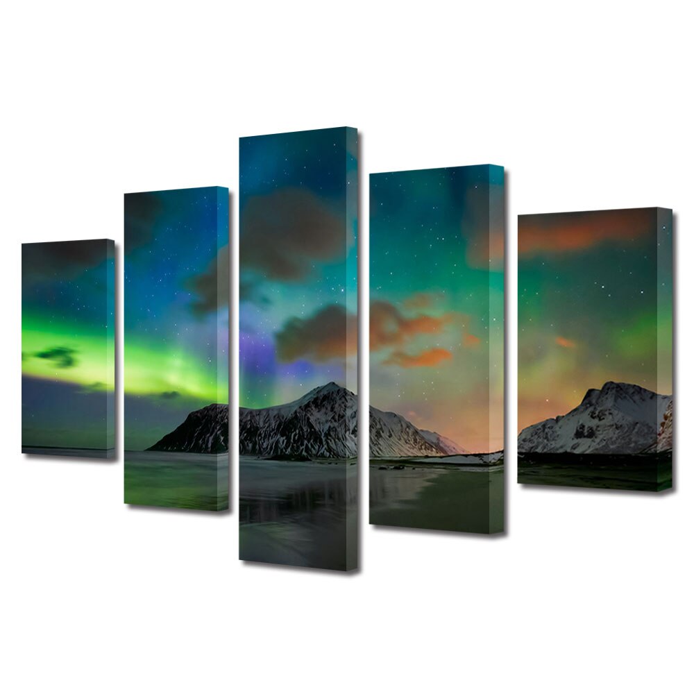 Set Tablouri Multicanvas, ArtDeco, Luminile Nordului, Panza pe cadru de lemn, Decoratiuni Moderne pentru Casa, 5 piese, 110 x 200 cm